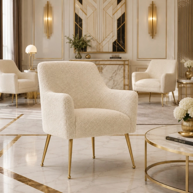 AMADEUS - krzesło tapicerowane boucle do stołu glamour ze złotą podstawą