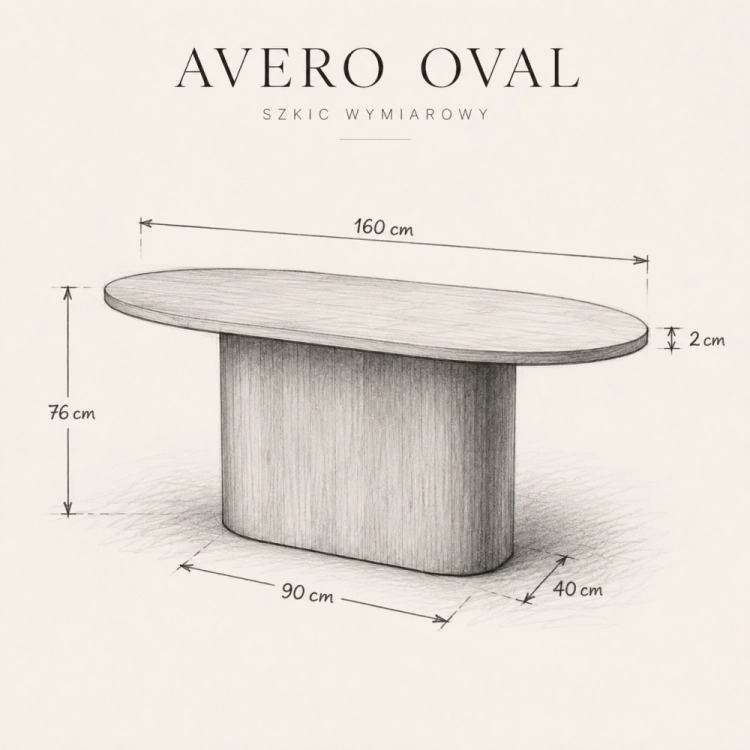 Avero Oval - szkic wymiarowy stołu owalnego 160 260 cm
