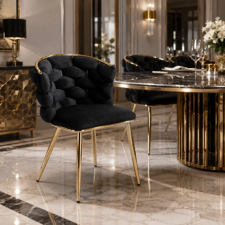 Krzesło BELLE GOLD czarne Riviera 100 na złotych nogach aranżacja