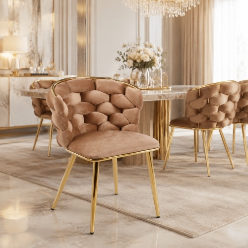 BELLE GOLD - krzesło welurowe w kolorze cappuccino na złotych nogach w połysku aranżacja