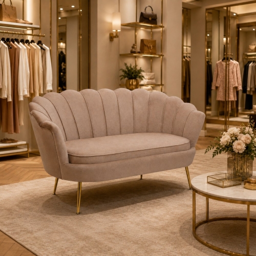 Sofa MUSZELKA na złotych nogach, welur CAPPUCCINO - aranżacja dla nowe-meble.pl