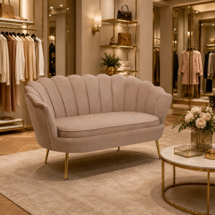 Sofa MUSZELKA na złotych nogach, welur CAPPUCCINO - aranżacja dla nowe-meble.pl