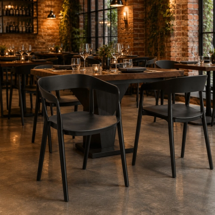 ZEN - krzesło czarne sztaplowane z podłokietnikami aranżacja w restauracji loft