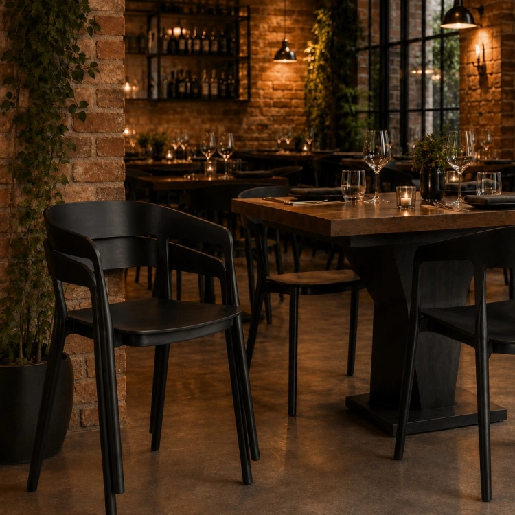 ZEN - krzesło czarne sztaplowane z podłokietnikami aranżacja w restauracji loft