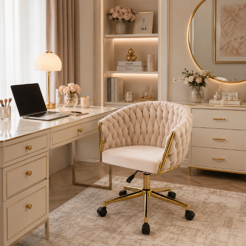 ROSSE OFFICE - krzesło obrotowe jasny beż na kółkach aranżacja