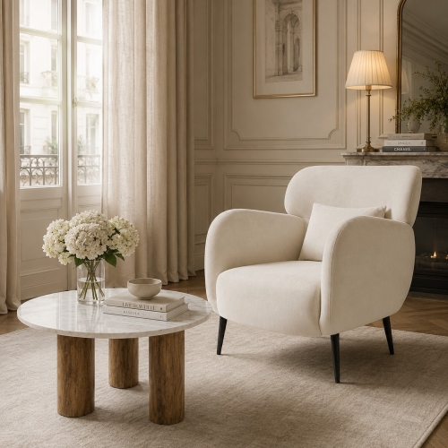 NOLA - elegancki stolik z marmurowym blatem na drewnianych kolumnowych nogach aranżacja