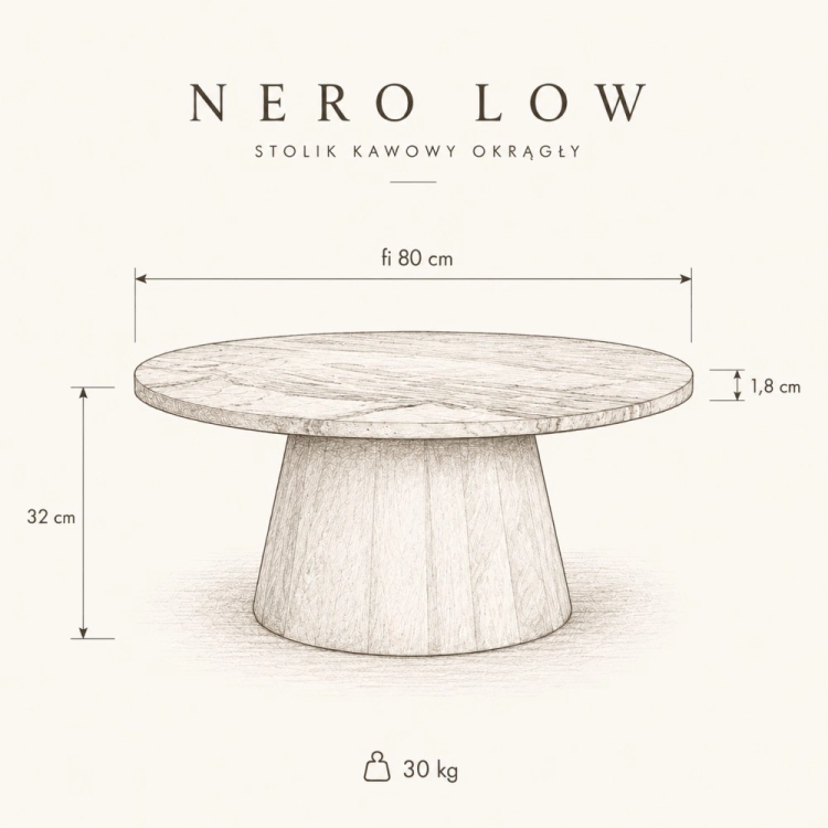 NERO LOW - okrągły stolik kawowy z marmuru i drewna mango - szkic wymiarowy