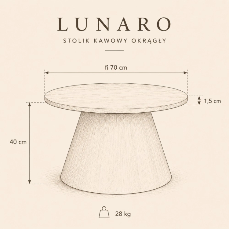 LUNARO - okrągły stolik kawowy fi 70 cm, czarny marmur perłowe drewno mango - szkic wymiarowy