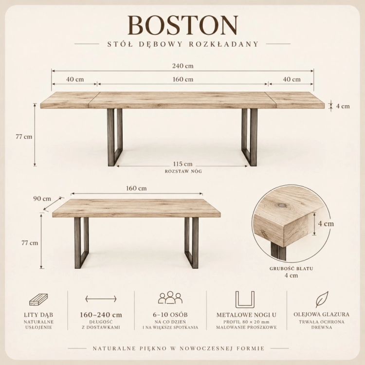 Stół dębowy BOSTON - szkic wymiarowy
