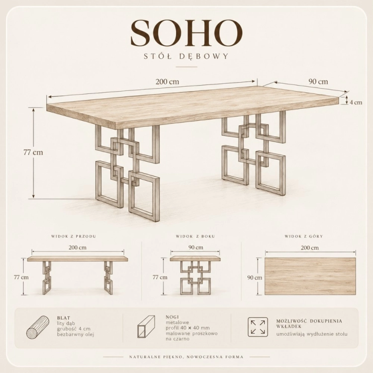 Stół dębowy SOHO z litego dębu 200×90 cm - szkic wymiarowy
