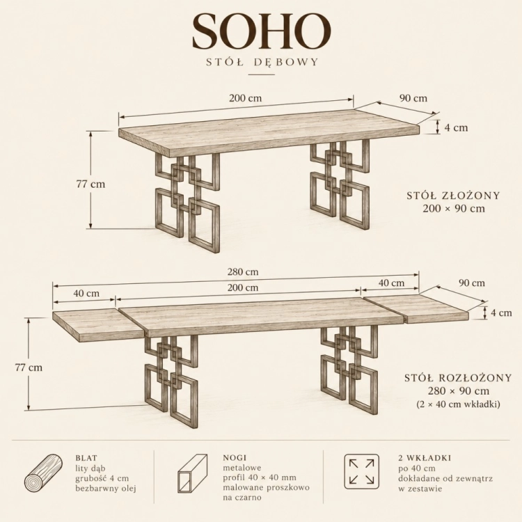 Stół dębowy SOHO z litego dębu 200-280×90 cm - szkic wymiarowy