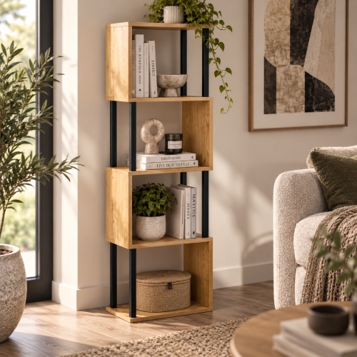 Regał CUBO dąb naturalny czarny metal w nowoczesnym wnętrzu