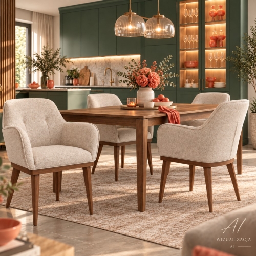 Krzesło MAVO PRIME FRAME taupe przy drewnianym stole – wizualizacja AI – nowe-meble.pl