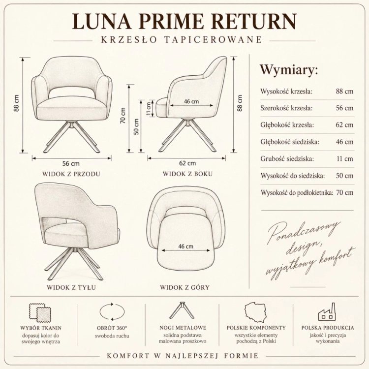 Dane techniczne krzesła LUNA PRIME RETURN nowe-meble.pl
