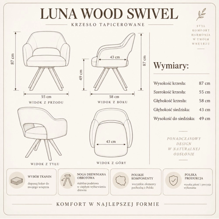 Dane techniczne krzesła LUNA WOOD SWIVEL nowe-meble.pl