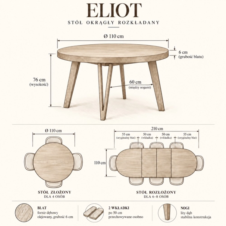 ELIOT - szkic wymiarowy stołu 130 cm nowe-meble.pl