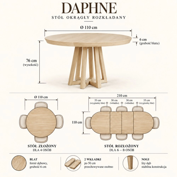 Stół DAPHNE BIELONY 110 cm szkic wymiarowy – nowe-meble.pl