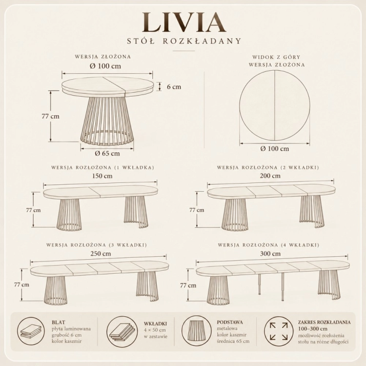 Stół LIVIA LINE 100–300 cm szkic wymiarowy – nowe-meble.pl