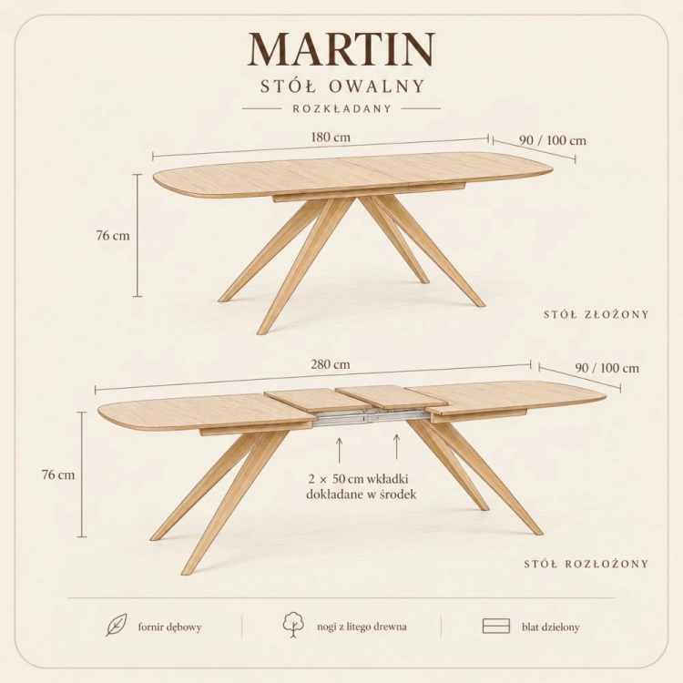 Stół MARTIN 180–280 × 100 cm dąb bielony szkic wymiarowy – nowe-meble.pl