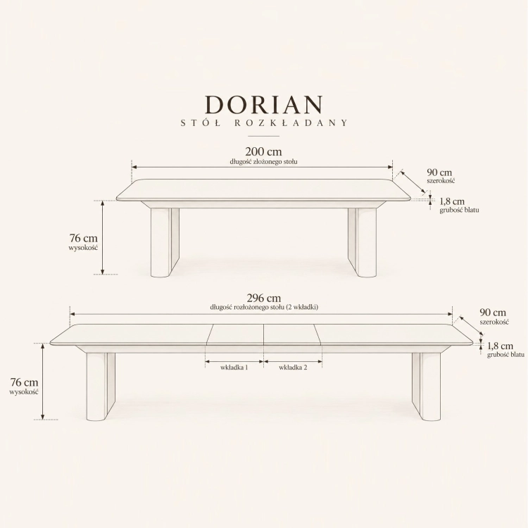 Stół DORIAN wymiary 200–296 × 90 cm wysokość 76 cm – nowe-meble.pl