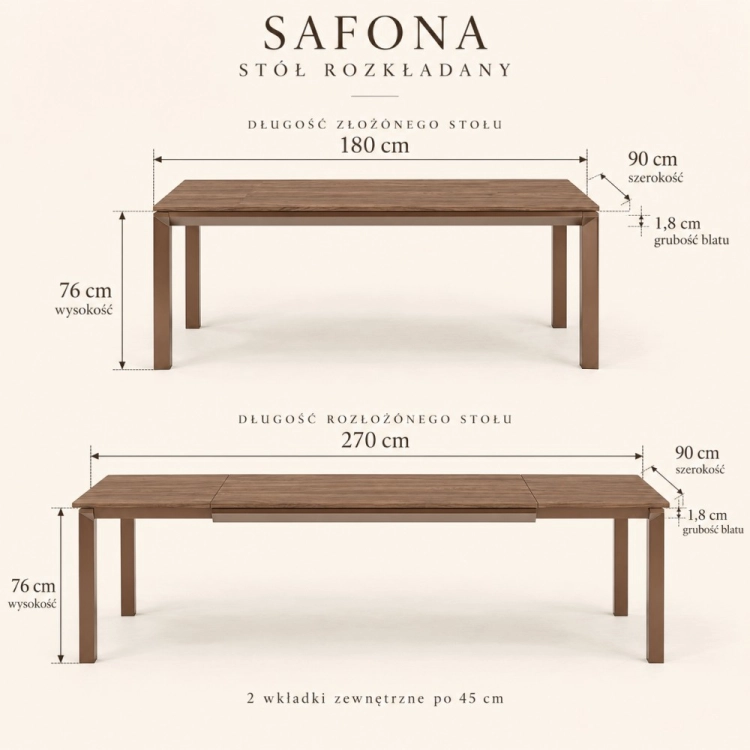 Stół SAFONA złożony 180 × 90 cm szkic z wymiarami – nowe-meble.pl