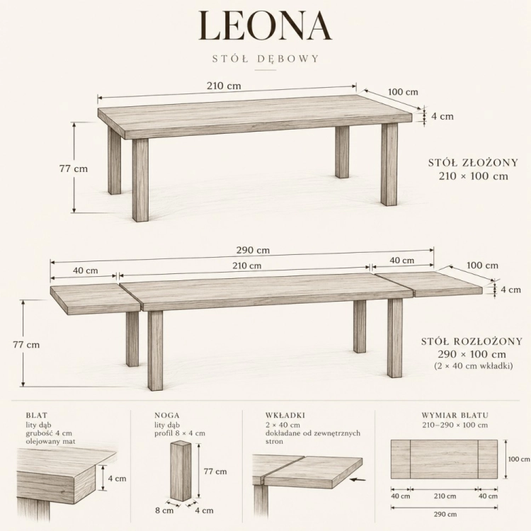 Stół dębowy LEONA wymiary 210–290 × 100 cm wysokość 77 cm – nowe-meble.pl