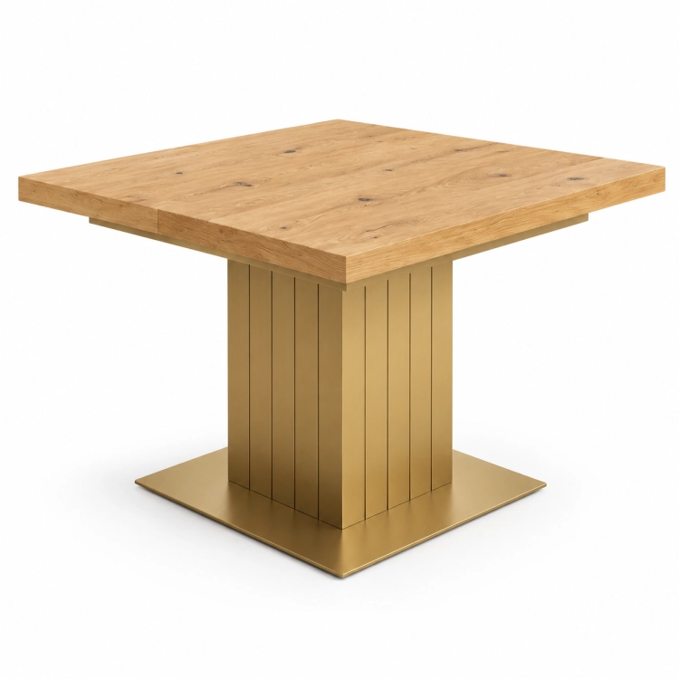 Stół MONACO 90x90 cm fornir dębowy złota ryflowana podstawa – nowe-meble.pl