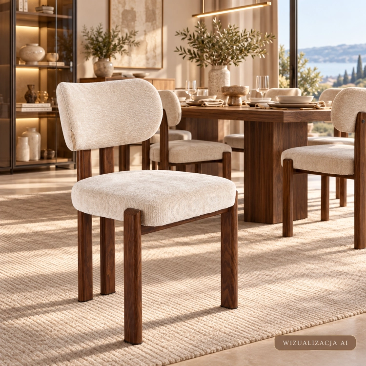 Krzesło NOLAN w aranżacji beżowa tapicerka i metalowe nogi Walnut – nowe-meble.pl