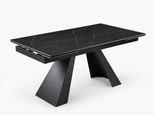 Stół MONTARO BLACK 160–240 cm blat ze spieku czarny marmur geometryczna metalowa podstawa – nowe-meble.pl