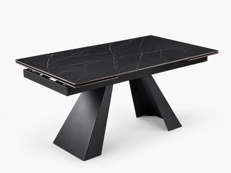 Stół MONTARO BLACK 160–240 cm blat ze spieku czarny marmur geometryczna metalowa podstawa – nowe-meble.pl