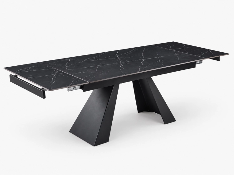 Stół MONTARO BLACK 160–240 cm rozłożony blat ze spieku czarny marmur geometryczna metalowa podstawa – nowe-meble.pl