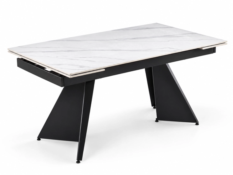 Stół MONTARO BLACK 160–240 cm blat ze spieku czarny marmur geometryczna metalowa podstawa – nowe-meble.pl