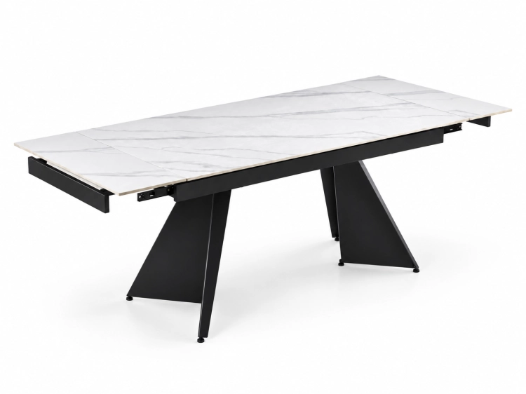 Stół MONTARO BLACK 160–240 cm blat ze spieku czarny marmur geometryczna metalowa podstawa – nowe-meble.pl