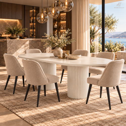 Biały stół PRESTON OVAL PREMIUM w eleganckiej jasnej jadalni – nowe-meble.pl