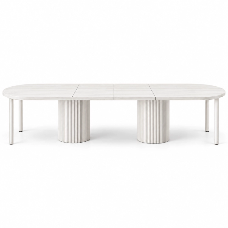 Stół PRESTON OVAL PREMIUM biały rozłożony 300 × 110 cm – dwie wkładki po 50 cm, ryflowane podstawy – nowe-meble.pl