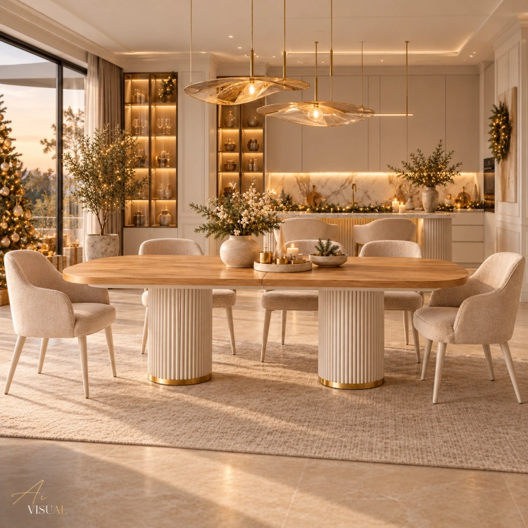 Stół PRESTON OVAL PREMIUM dąb naturalny kaszmir i złoto w eleganckiej jadalni świąteczna aranżacja – nowe-meble.pl