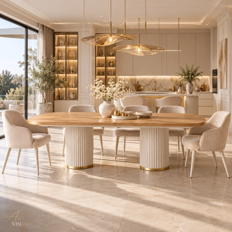 Stół PRESTON OVAL PREMIUM dąb naturalny kaszmir i złoto w eleganckiej jadalni – nowe-meble.pl
