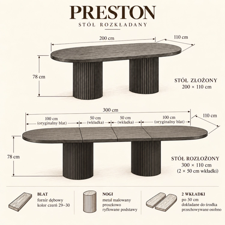 Stół PRESTON OVAL PREMIUM szkic wymiarowy 200–300 × 110 cm dwie wkładki po 50 cm – nowe-meble.pl