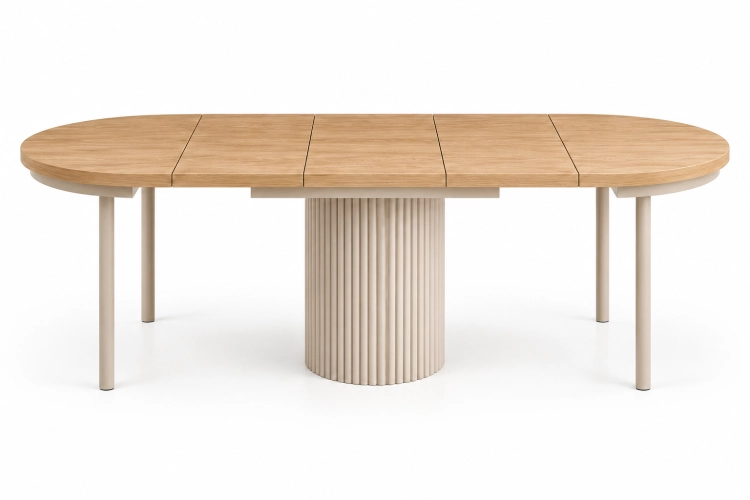 Stół POLA OAK rozłożony 270 × 120 cm trzy wkładki po 50 cm i nogi wspierające – nowe-meble.pl