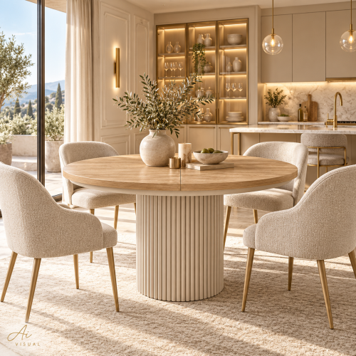 Stół POLA OAK dąb naturalny kaszmir w eleganckiej jadalni z tapicerowanymi krzesłami – nowe-meble.pl