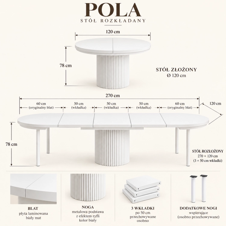 Stół POLA OAK szkic wymiarowy średnica 120 cm rozkładanie do 270 cm – nowe-meble.pl