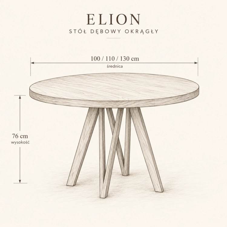 Stół ELION szkic wymiarowy średnice 100 110 130 cm wysokość 76 cm – nowe-meble.pl