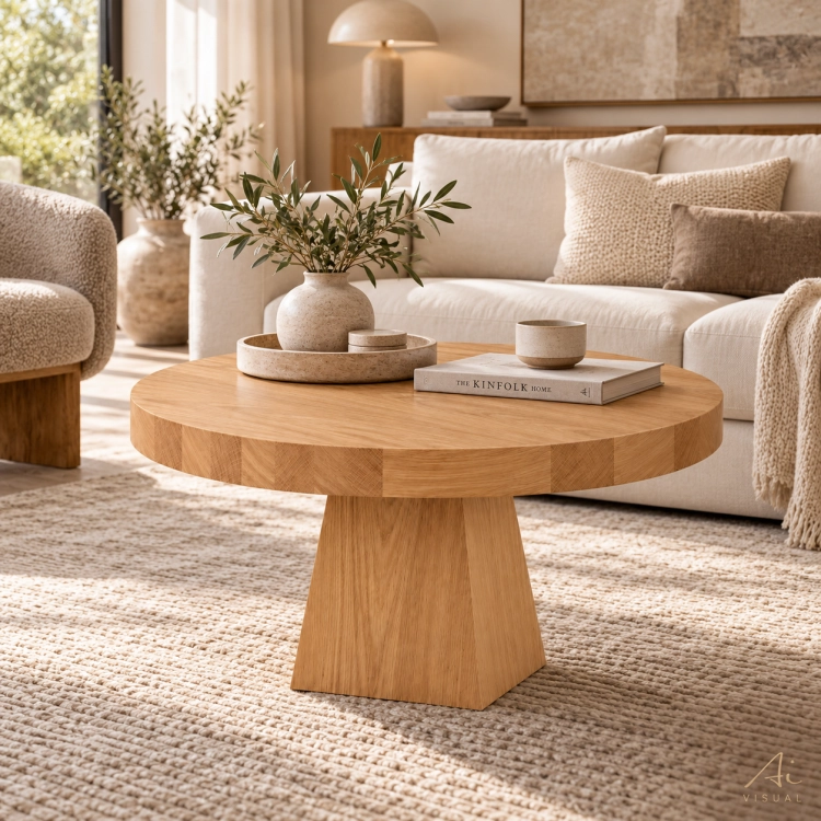 Stolik kawowy LAUREL dąb naturalny w eleganckim salonie z kremową sofą – nowe-meble.pl