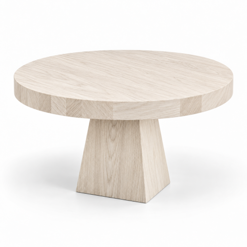 Stolik kawowy LAUREL dąb bielony Ø70 cm z geometryczną centralną nogą – nowe-meble.pl