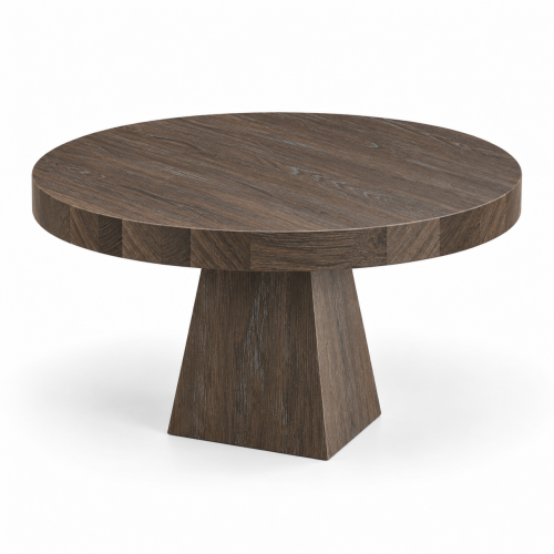 Stolik kawowy LAUREL dąb TERRA Ø70 cm z centralną geometryczną podstawą – nowe-meble.pl