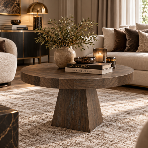 Stolik kawowy LAUREL TERRA w eleganckim salonie modern luxury z jasną sofą i dymionym szkłem – nowe-meble.pl