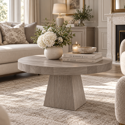 Stolik kawowy LAUREL POPIEL w eleganckim salonie modern classic z kaszmirową sofą – nowe-meble.pl
