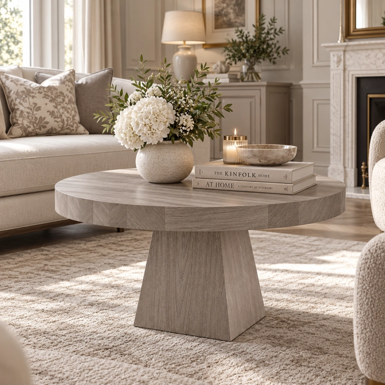 Stolik kawowy LAUREL POPIEL w eleganckim salonie modern classic z kaszmirową sofą – nowe-meble.pl