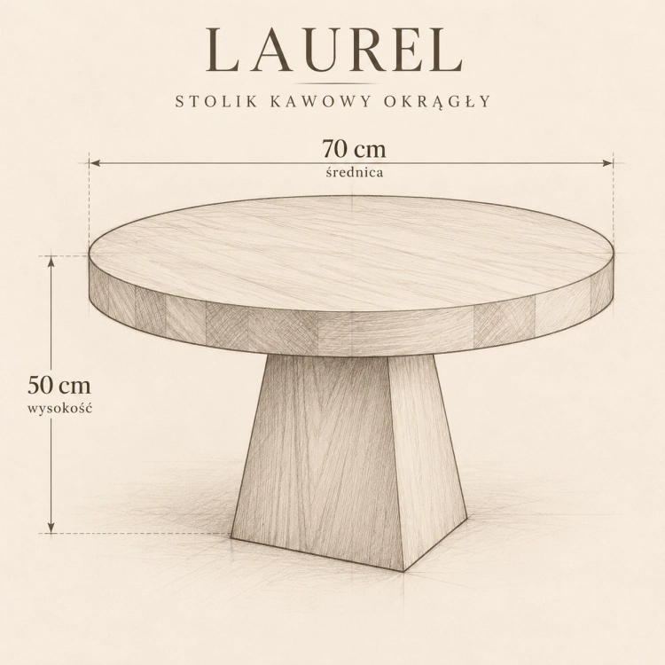 Stolik kawowy LAUREL szkic projektowy średnica 70 cm i wysokość 50 cm – nowe-meble.pl