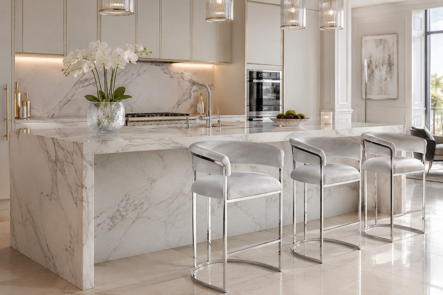 Hokery glamour przy marmurowej wyspie kuchennej w jasnej kuchni premium